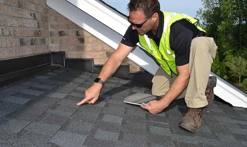 Certified roof inspector from Northland Roofing evaluating a residential roof for possible damage.