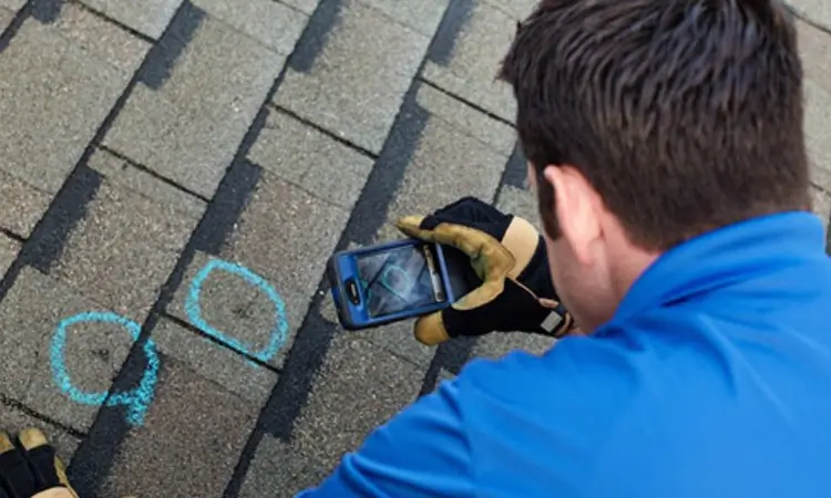 Northland Roofing technician documenting roof damage during a thorough inspection.