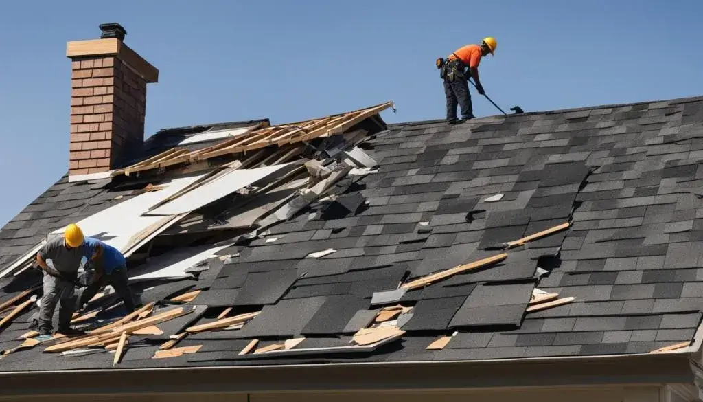 Northland Roofing workers strip and clean the roof structure during a full re-roofing process.