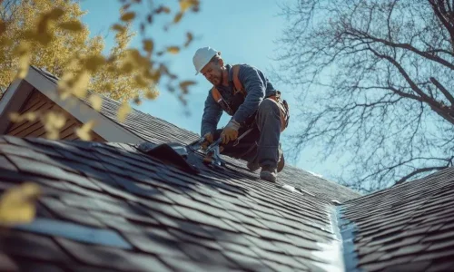 Roof inspector from Northland Roofing examining shingles during a professional roof inspection.